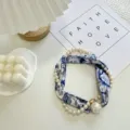 Blue and white floral silk scarf with pearl chains and magnetic clasp for women. - Pearl Scarf-13