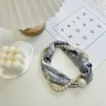 Chic floral print small scarf with elegant pearl decoration, perfect for summer daily wear. - Pearl Scarf-9