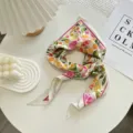Floral print skinny silk scarf for women, elegant fashion neckerchief and hair band accessory. - Triangle Scarf-5