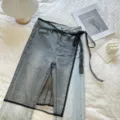 Korean style sheer mesh layered denim skirt detail view, lightweight aesthetic fashion. - Bottoms / Half Skirt 4