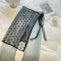 Light blue denim jeans with black lace mesh bow wrap skirt overlay, trendy layered design for women. - Bottoms / Half Skirt 5