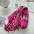 Pink brown plaid scarf detail view, cozy winter tassel scarf texture close up shot. - Pink