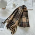 Classic brown plaid winter scarf with fringe, soft warm long shawl for cozy cold weather style. - Camel