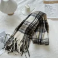 Cozy autumn winter plaid scarf detail shot, retro fringe design, warm woolen texture. - Khaki Beige