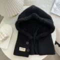 Black knitted hooded scarf winter warm plush lined bib hat detailed view texture showcase - 45cmx33cm / Black