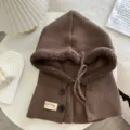 Brown knitted balaclava hood with plush lining and buttons, cozy winter warm hat detail. - 45cmx33cm / Brown