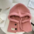 Pink knitted hooded shawl balaclava warm winter ear protection solid color wool hat for women - 45cmx33cm / Pink