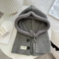 Grey knitted hooded shawl scarf with plush lining, buttons, and warm winter ear protection. - 45cmx33cm / Gray