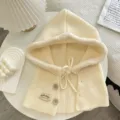 Knitted hooded scarf shawl warm ear protection winter solid color cream white detail - 45cmx33cm / Off White