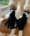Zwarte gebreide dameshandschoenen met witte pompons lange warme winterhandschoenen chic - Zwart