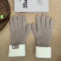 Women autumn winter thick knit gloves with fluffy fleece cuffs warm cozy stylish item - One Size / Khaki