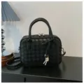 Minimalist black woven leather shoulder bag, casual top handle crossbody bag for women. - Black