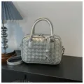 Metallic silver woven shoulder bag for women, stylish casual crossbody small square bag. - Silver