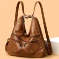 Women's brown soft leather backpack vintage multi-pocket casual daily commute travel bag - Brown