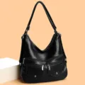 Black soft leather hobo shoulder bag for women, large capacity commuter crossbody bag. - Black