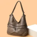 Classic brown leather hobo shoulder bag with multi-pocket design, large capacity for women. - Gray