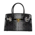 Black snakeskin handbag for women, luxury top handle tote bag with gold lock hardware stylish. - Silver
