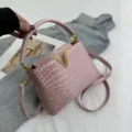 Pink crocodile pattern leather handbag with gold crystal V logo shoulder crossbody bag - Pink