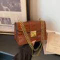 Brown crocodile pattern chain shoulder bag with gold lock closure for women daily fashion. - Brown