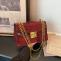 Red crocodile pattern women shoulder bag with luxury gold chain and metal lock for daily use. - Red