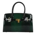 Schicke dunkelgrüne glänzende Handtasche mit Schlangenhautmuster und edler goldener Hardware. - Grün