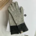 Black and white striped knitted gloves for women, cozy winter warm thermal full finger gloves. - One Size (27cmX8cm) / Black Beige Color Block Striped 2