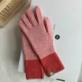 Women winter warm knitted striped gloves fashion Korean style casual outdoor hand warmer - One Size (27cmX8cm) / Red Color Block Striped