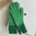 Detailed close-up view of green color-blocked ribbed knit fingerless gloves for autumn. - One Size (27cmX8cm) / Green Color Block Striped
