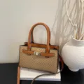 Borsa a tracolla bicolore chic con trama intrecciata, elegante borsetta quadrata da donna. - Marrone