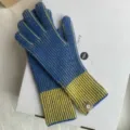 Blue and yellow striped knitted gloves for women, warm winter full finger gloves with ribbed cuff. - One Size (27cmX8cm) / Blue Yellow Color Block Striped