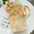 Yellow and white knitted tote bag with dual handles and strap for women versatile casual daily use. - Yellow