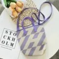 Chic women knitted tote bag with purple geometric pattern, shoulder strap, casual daily handbag. - Purple