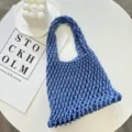 Bolso tote de malla tejida azul, bolso de mano informal de cuerda de algodón para playa y compras. - 21cmX6cmX31cm / Azul
