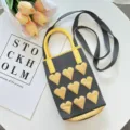 Gestrickte Mini Umhaengetasche fuer Damen, niedliche Herzmuster Handy Tasche mit Griff und Gurt. - 12cmX5cmX25cm (Inklusive Griff 7cm), Riemen 53cm / 08#-Herz Grau