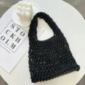 Bolso de mano de red tejida de cuerda de algodón negro, bolso casual para la playa. - 21cmX6cmX31cm / Negro
