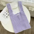 Purple white striped knitted hollow vest bag, casual student tote bag for daily outdoor travel use. - Purple