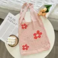Pink knit tote bag with red floral pattern, casual hollow out crochet shoulder bag. - Pink