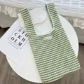 Green white striped knit tote bag aesthetic hollow out casual shoulder shopping handbag - Green