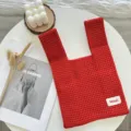 Red knitted mesh tote bag for women, hollow out casual summer shoulder handbag shopping bag. - Red / One Size (20cmX35cm)
