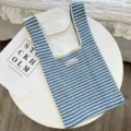 Sac cabas en tricot rayé bleu et blanc, sac à bandoulière décontracté, style quotidien. - Bleu