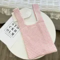 Pink white striped knitted vest bag casual cute aesthetic tote bag daily shopping handbag - Light Pink