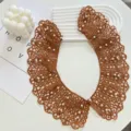 Detail shot of a brown lace fake collar with pearl decorations, elegant accessory. - Caramel color / 43cmX10cm