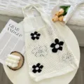 Korean vintage knit floral tote bag, casual hollow shoulder shopping bag for daily use. - White