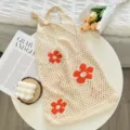 Beige hollow knit floral tote bag, casual large capacity shoulder bag for daily use. - Beige