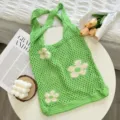 Green crochet tote bag with white flower pattern, hollow knit design for casual daily use. - Green