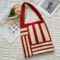 Sac cabas en tricot contrasté pour femme, sac porté épaule décontracté rouge et blanc stylé. - Style Rayure Rouge Beige / 30cmx59cm
