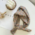 Close-up detail of the delicate floral square scarf featuring elegant pearl trim edging. - 60cmx60cm / 04-Romantic Floral