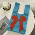 Sac cabas en tricot bleu avec nœud orange, sac à main tendance contrasté pour femmes. - Bleu Ciel avec Nœud / Taille unique
