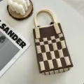 Mini sac bandoulière tricoté style ins coréen rétro marron blanc à carreaux sac de téléphone - 02#-Café Damier / Taille unique
