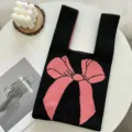 Sac cabas tricoté nœud rose noir sac à main souple décontracté sac épaule élégant - Noir et Rose avec Nœud / Taille unique